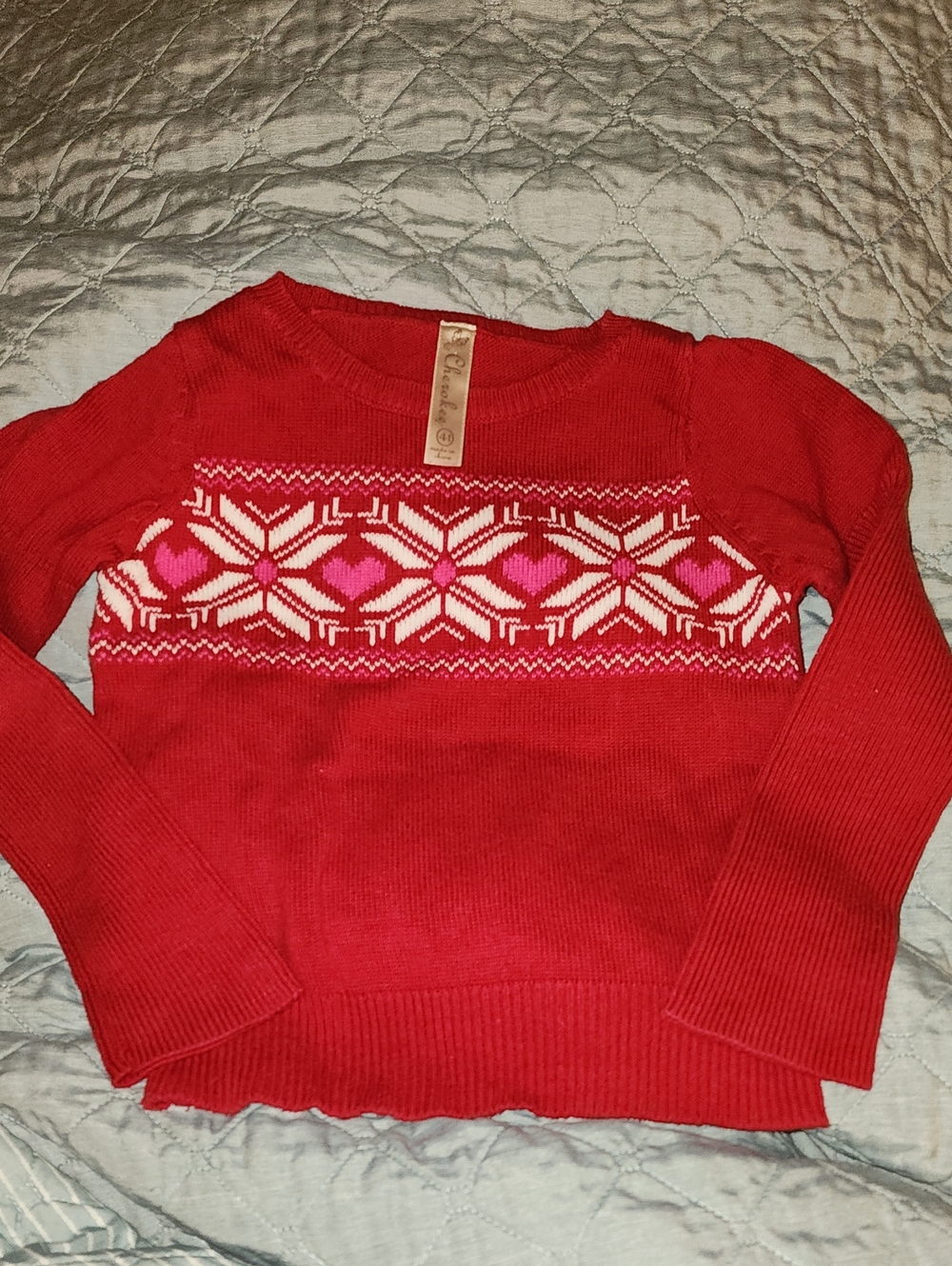 Sz 4T Cherokee Red Cotton Fair Isle Heart Knit Sweater for Girls